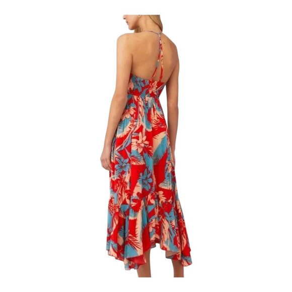 FREE PEOPLE Red & Blue Floral Halter Midi Dress Smocked Bodice  Asymmetrical Hem - Picture 6 of 10